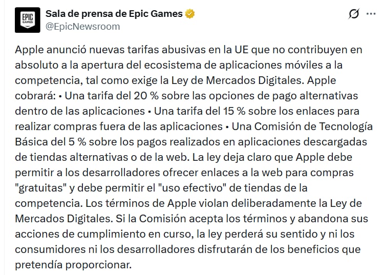 Epic Games criticó las nuevas tarifas anunciadas por Apple. (X: epicnewsroom)