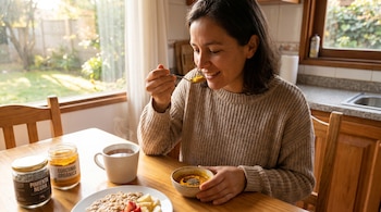 Mujer con suéter beige come de un tazón con cúrcuma y pimienta negra. En la mesa, frascos de especias, avena con frutas y una taza humeante.