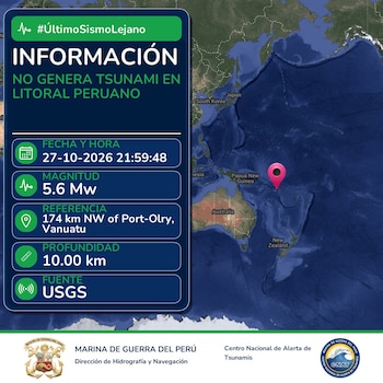 Infografía con un mapa del océano Pacífico que marca un punto en Vanuatu y un panel informativo con datos técnicos de un evento sísmico