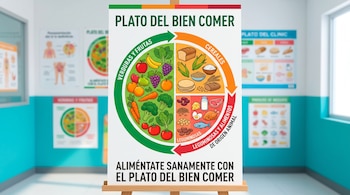 Cartel en un atril con un gráfico circular del Plato del Bien Comer dividido en frutas, verduras, cereales y alimentos de origen animal.
