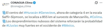 El SMN alertó que las bandas nubosas del huracán reforzarán las precipitaciones en distintas entidades del país.