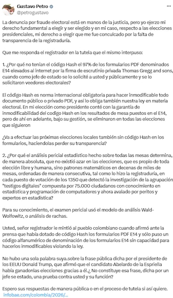 Gustavo Petro exigió al registrador explicar la ausencia de código Hash en formularios E-14 - crédito @petrogustavo/X