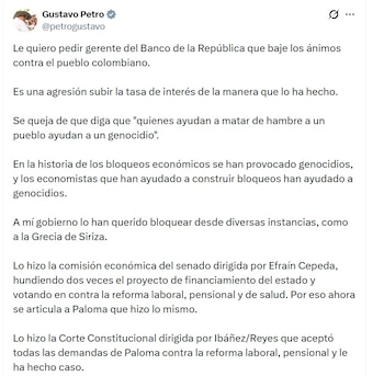 Gustavo Petro, presidente de Colombia, dijo que es una agresión subir la tasa de interés de la manera que lo ha hecho el Banco de la República - crédito @PetroGustavo/X