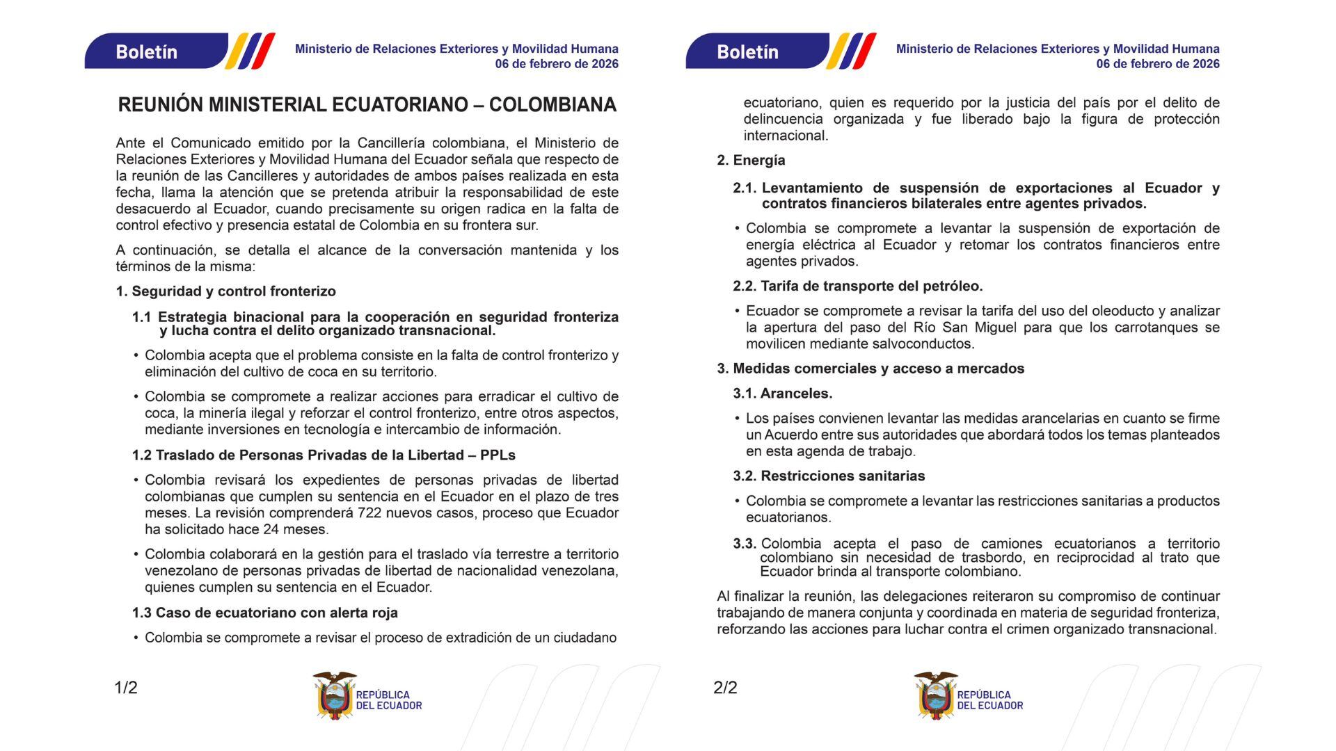 Ecuador señaló que Colombia autorizo el ingreso de camiones ecuatorianos - crédito Ministerio de Relaciones Exteriores de Ecuador/X