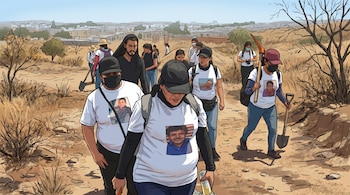 Ilustración de un grupo de mujeres, algunas con camisetas de fotos de desaparecidos y herramientas, caminando por un sendero árido bajo el sol.