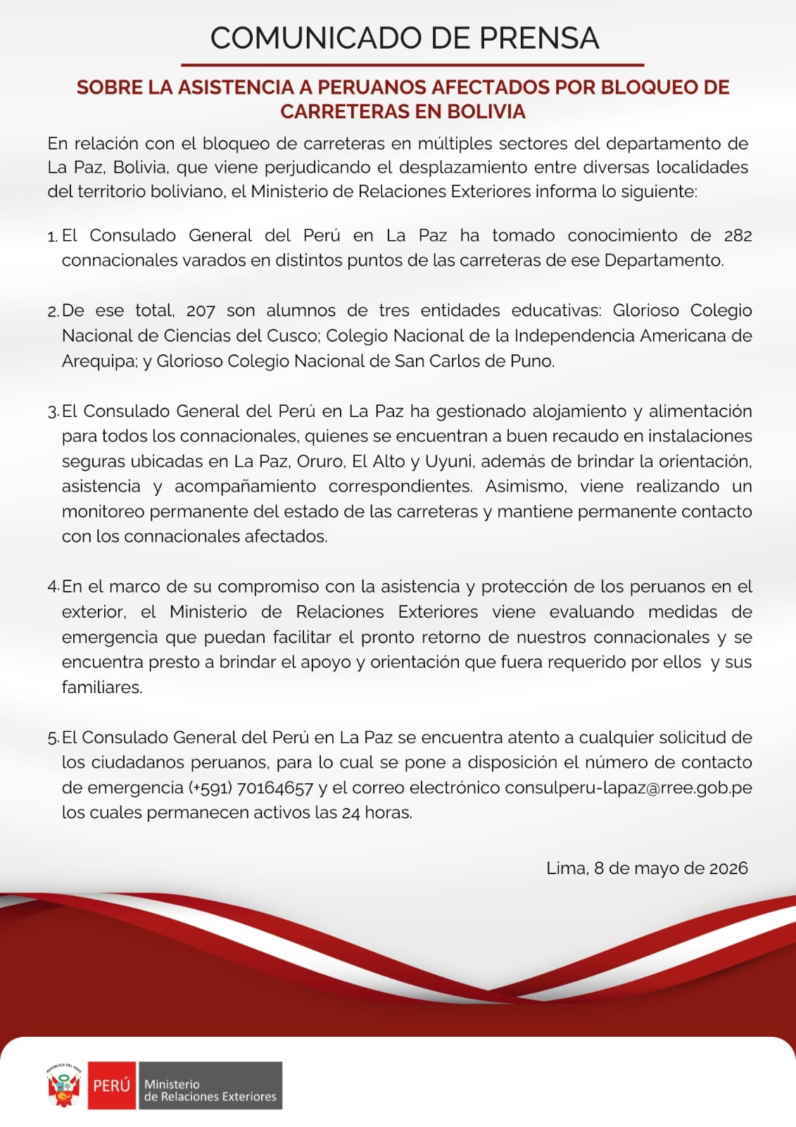 El Ministerio de Relaciones Exteriores de Perú detalla la asistencia consular a 282 connacionales, incluidos 207 estudiantes, afectados por bloqueos de carreteras en Bolivia. (Cancilleria)