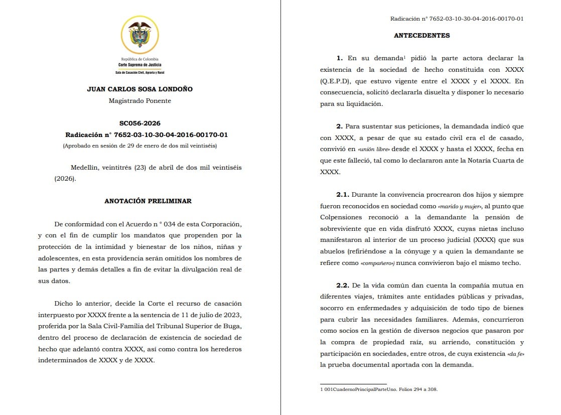 La Corte Suprema de Justicia confirmó en casación que el juzgado y el tribunal no hallaron pruebas suficientes para acreditar una asociación comercial entre los compañeros permanentes - crédito Corte Suprema de Justicia