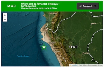 Mapa de la costa de Perú que señala con una estrella verde el epicentro de un sismo de magnitud 4,0 frente a Pimentel en el océano Pacífico