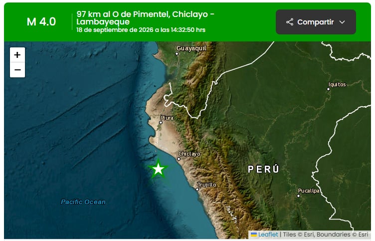 Un mapa sísmico ubica el epicentro de un sismo de magnitud 4,0 a 97 kilómetros al oeste de Pimentel, en el departamento de Lambayeque, Perú. (IGP)