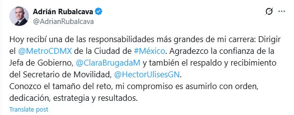 Adrián Rubalcava agradeció la confianza tras ser nombrado titular del Metro de la Ciudad de México. Foto: X/@AdrianRubalcava.