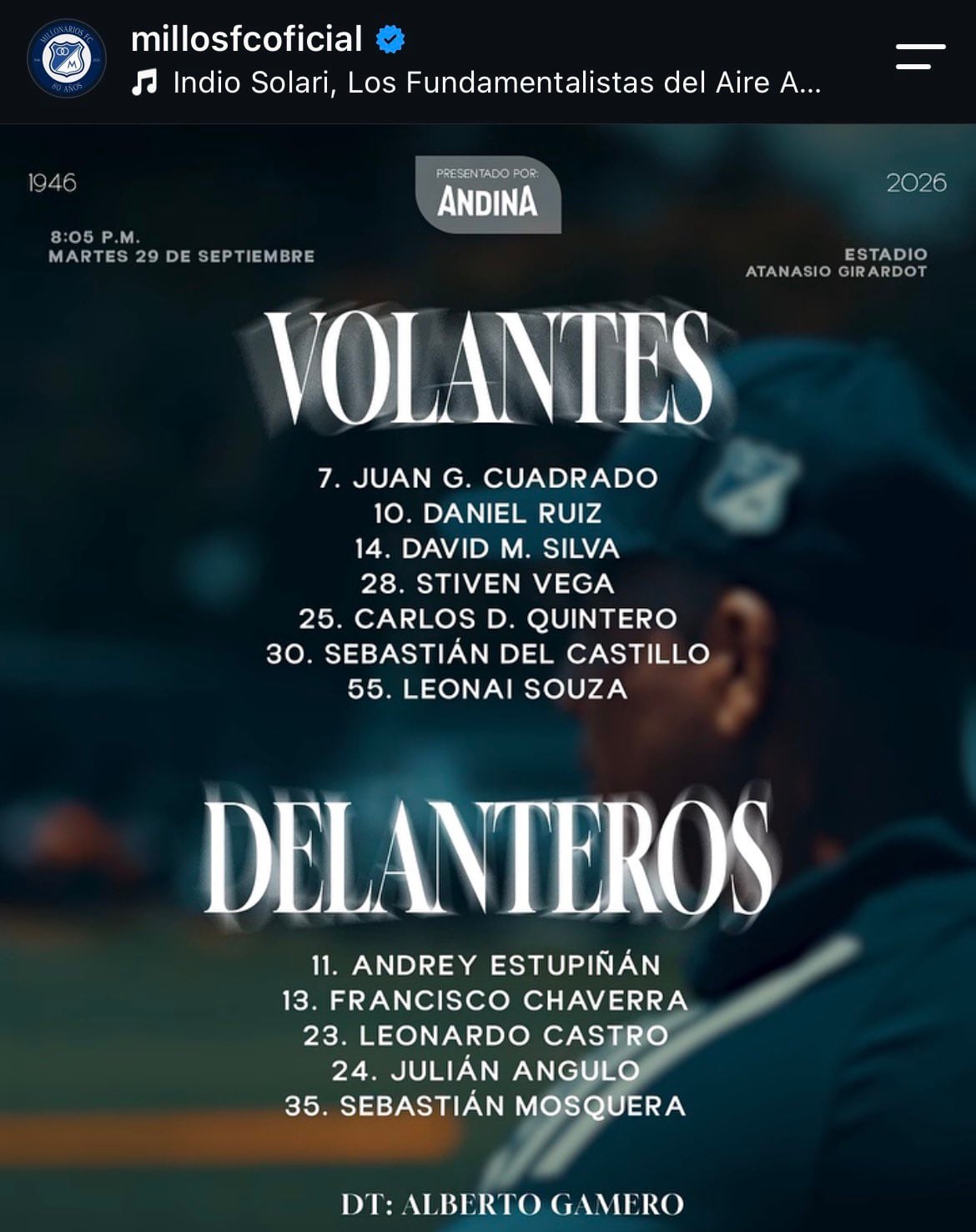 Así anunció Millonarios, la primera convocatoria de Juan Guillermo Cuadrado - crédito @millosoficial/x