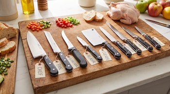 Nueve cuchillos de cocina con sus etiquetas de función sobre una tabla de cortar de madera, junto a verduras picadas, pan, pollo crudo y frutas.