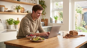 Un joven sonríe mientras usa una computadora portátil en la encimera de una cocina, junto a un plato de ensalada, un tazón de frutos rojos, pan, nueces y almendras.