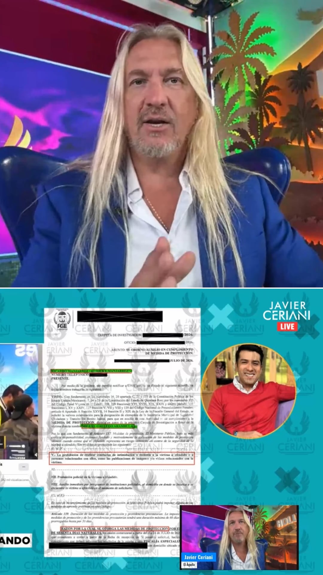 El periodista Javier Ceriani difundió en su canal de YouTube un documento que, según su versión, establece medidas de protección a favor del joven y limita las acciones que Manjarrez puede realizar respecto a él. (YouTube: Javier Ceriani)