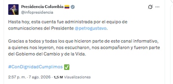 Este fue el último mensaje que publicó la Presidencia de Gustavo Petro, previo a la posesión de Abelardo de la Espriella - crédito @infopresidencia/X