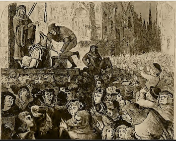 Ilustración antigua en tonos sepia de una figura de pie y otra arrodillada en un estrado, observadas por una gran multitud frente a edificios góticos