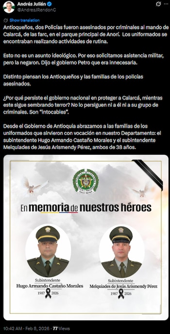 Gobernador de Antioquia criticó al Gobierno Petro tras asesinato de policías en Anorí - crédito @AndresJRendonC