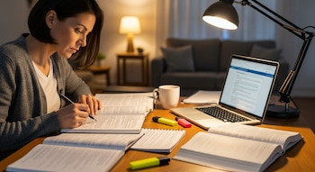 Una mujer concentrada escribe en un libro mientras estudia. Un escritorio con libros abiertos, una laptop, taza, bolígrafo y marcadores bajo una lámpara encendida.