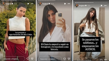Tres capturas de historias de Instagram con fotografías de Agostina Navarrete y textos sobreimpresos en recuadros negros