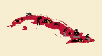 Mapa rojo de Cuba sobre fondo crema con figuras de mosquitos, montones de basura y personas en posturas de malestar físico.