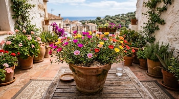 Maceta de barro con flores de verdolaga multicolores sobre una mesa de madera en una terraza con vista al mar.