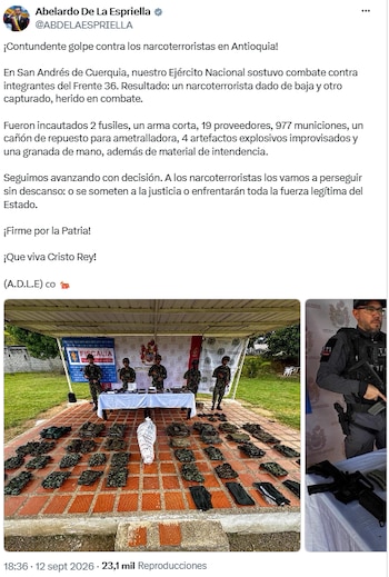 Abelardo de la Espriella celebró la captura de un presunto integrante del Frente 36 en San Andrés de Cuerquia - crédito @ABDELAESPRIELLA/X