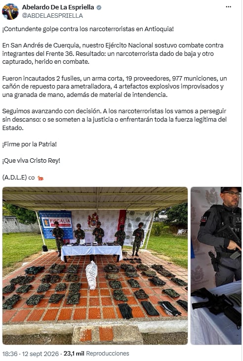 Abelardo de la Espriella celebró la captura de un presunto integrante del Frente 36 en San Andrés de Cuerquia - crédito @ABDELAESPRIELLA/X