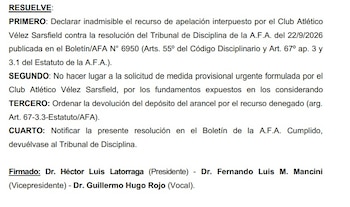 El fallo del Tribunal de Apelaciones de la AFA respecto al reclamo de Vélez por el partido ante Boca de Copa Argentina