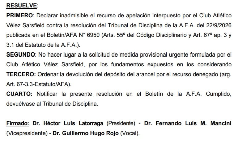 El fallo del Tribunal de Apelaciones de la AFA respecto al reclamo de Vélez por el partido ante Boca de Copa Argentina
