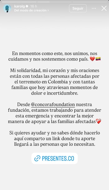 Karol G impulsa la solidaridad tras el terremoto en Colombia y promueve ayuda para los afectados - crédito karolg/Instagram