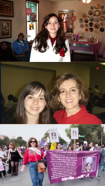 Triptico vertical: mujer joven sonriendo en casa; mujer joven con mujer adulta sonriendo; mujeres en manifestación con carteles y un banner morado con texto