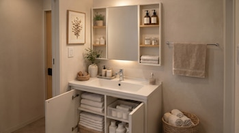 Un baño moderno con lavabo blanco, grifo cromado, espejo iluminado y estantes con toallas y productos. Se ve un cuadro botánico y una canasta en el suelo.