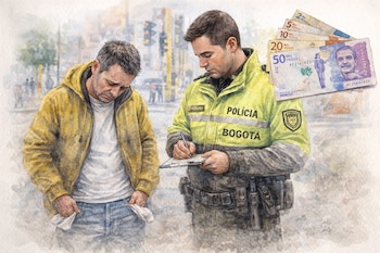 Ilustración en acuarela de un oficial de policía de Bogotá redactando una multa y un ciudadano con bolsillos vacíos, junto a billetes colombianos de 2, 5, 10, 20 y 50 mil pesos.