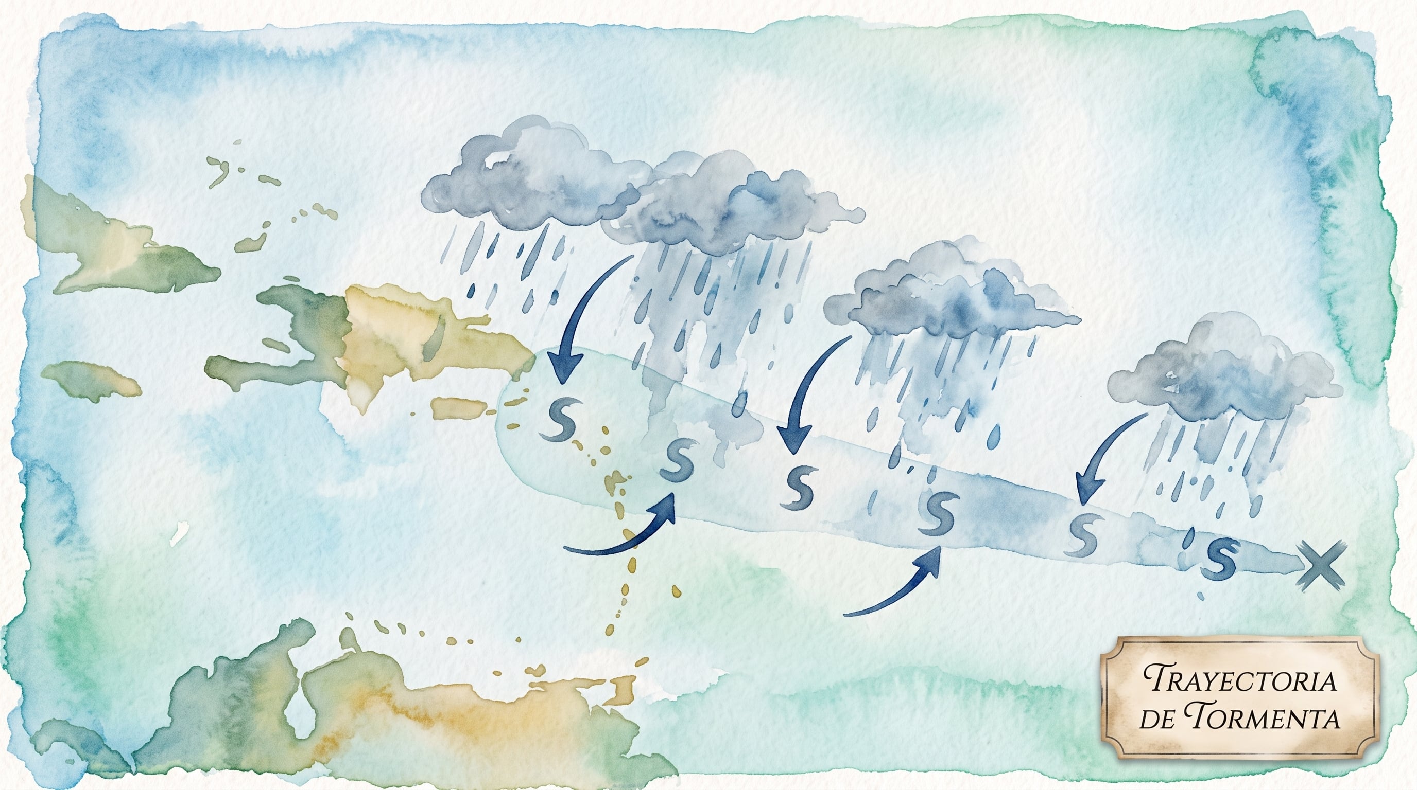 Un mapa en acuarela ilustra la trayectoria de una tormenta y sus precipitaciones sobre la región del Caribe y las Antillas. (Imagen Ilustrativa Infobae)