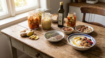 Vista superior de una mesa de cocina de madera rústica con jengibre fresco, frascos de alimentos fermentados, aceite de oliva, semillas, frutos secos y yogur con frutas.