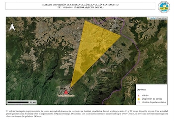 El incremento de ceniza volcánica afecta especialmente el suroeste del volcán Santiaguito, según reportes de la CONRED y el INSIVUMEH. (Cortesía: Coordinadora Nacional para la Reducción de Desastres)