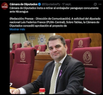 Diputado nacional Luis Federico Franco (PLRA), impulsor del proyecto de declaración para solicitar el retiro del embajador paraguayo concurrente ante Nicaragua. (@DiputadosPy).