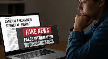 Primer plano de una mujer mirando una laptop en la oscuridad; en la pantalla, una noticia se superpone con un aviso digital rojo y negro de 'FAKE NEWS' y 'FALSE INFORMATION'.