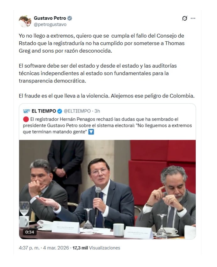 Con este mensaje, el presidente Gustavo Petro lanzó una dura respuesta al registrador Hernán Penagos - crédito @petrogustavo/X