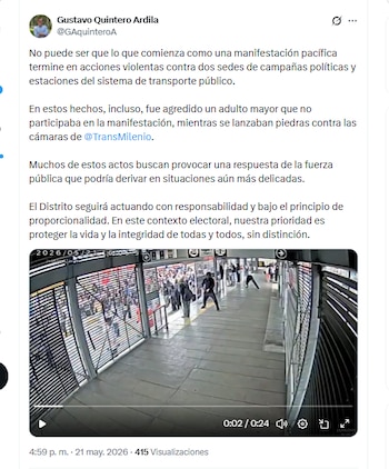 El secretario de Gobierno Gustavo Quintero Ardila rechazó actos de vandalismo en Transmilenio, que terminaron afectando a un adulto mayor - crédito @GAquinteroA/X