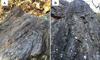 A) Cono de fractura en el centro de la estructura. B) Roca fundida a 4 km (2,5 millas) al oeste del centro de la estructura. (Foto: Gattacceca, J. et al.)