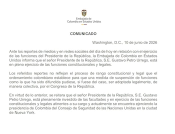 Según la Embajada, cualquier decisión relacionada con una eventual suspensión presidencial debe surtir los mecanismos previstos por la Constitución y ser adoptada de manera colectiva por el Congreso de la República - crédito Embajada de Colombia en Estados Unidos