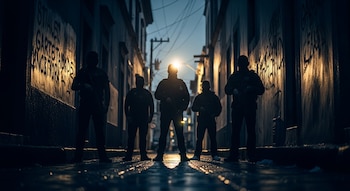 Cinco figuras masculinas silueteadas, algunas con armas, en un callejón oscuro con grafitis y suelo mojado que refleja luces.