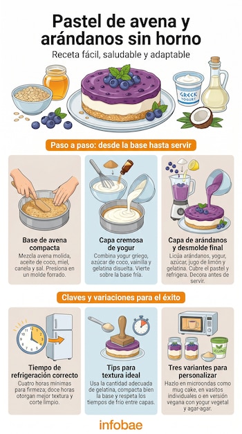 Infografía con receta de pastel de avena y arándanos sin horno; muestra el pastel terminado, ingredientes, pasos de preparación y consejos clave.