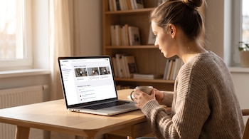 Una mujer joven sentada en un escritorio de madera, mirando una laptop abierta y sosteniendo una taza. Una ventana y una estantería se ven al fondo.