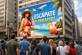 Una multitud de personas, vistas desde atrás, mira hacia una gran valla publicitaria en un edificio que muestra una mujer en bikini, una playa tropical, un avión y un cóctel.
