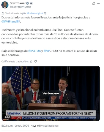Scott Turner 19.º secretario de Vivienda y Desarrollo Urbano de los Estados Unidos señaló que el Gobierno estadounidense no permitirá acciones que perjudiquen las finanzas del país - crédito @SecretaryTurner/X
