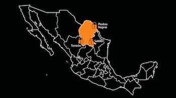 Mapa de México sobre fondo negro, con el estado de Coahuila resaltado en naranja. Las ciudades Piedras Negras, Saltillo y Torreón muestran iconos de candado.