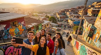 Grupo de amigos sonrientes toma una selfie en escaleras adornadas con grafitis coloridos en Comuna 13, Medellín, con vista a la ciudad al atardecer.