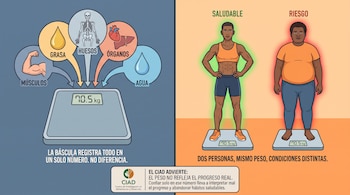 Una infografía compara el peso de dos hombres con diferentes condiciones corporales y muestra los componentes del peso como grasa, músculos, huesos, órganos y agua.